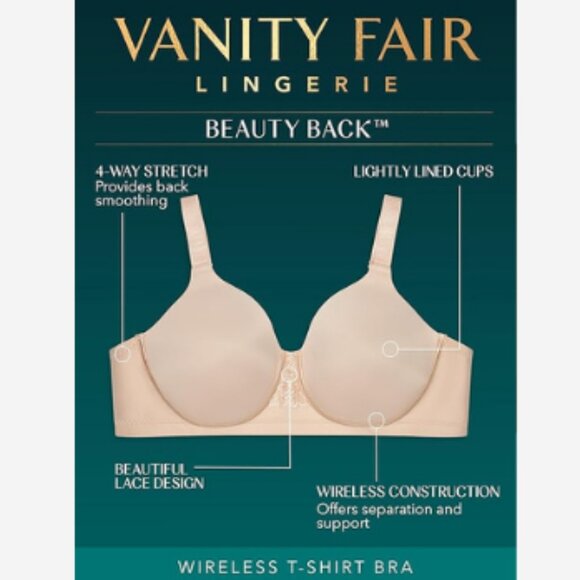 Vanity Fair Bra Beauty Back Women's 44DDD Beige Wireless 4 Way Stretch Lined Cup - Picture 4 of 5